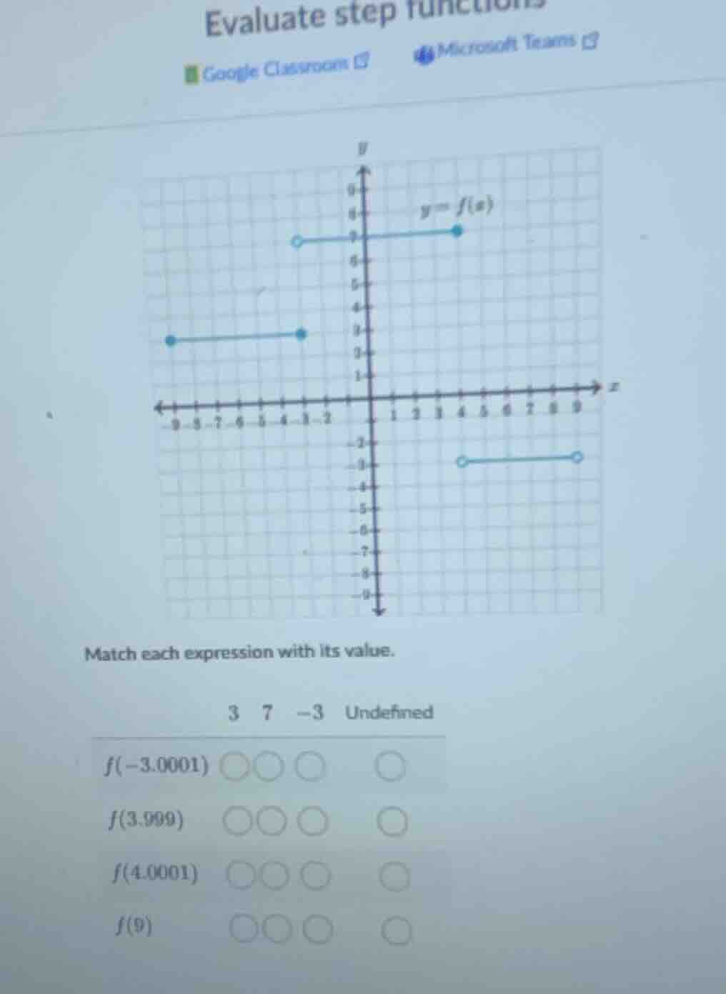evaluate step functions google classroom microsoft teams match each exp…