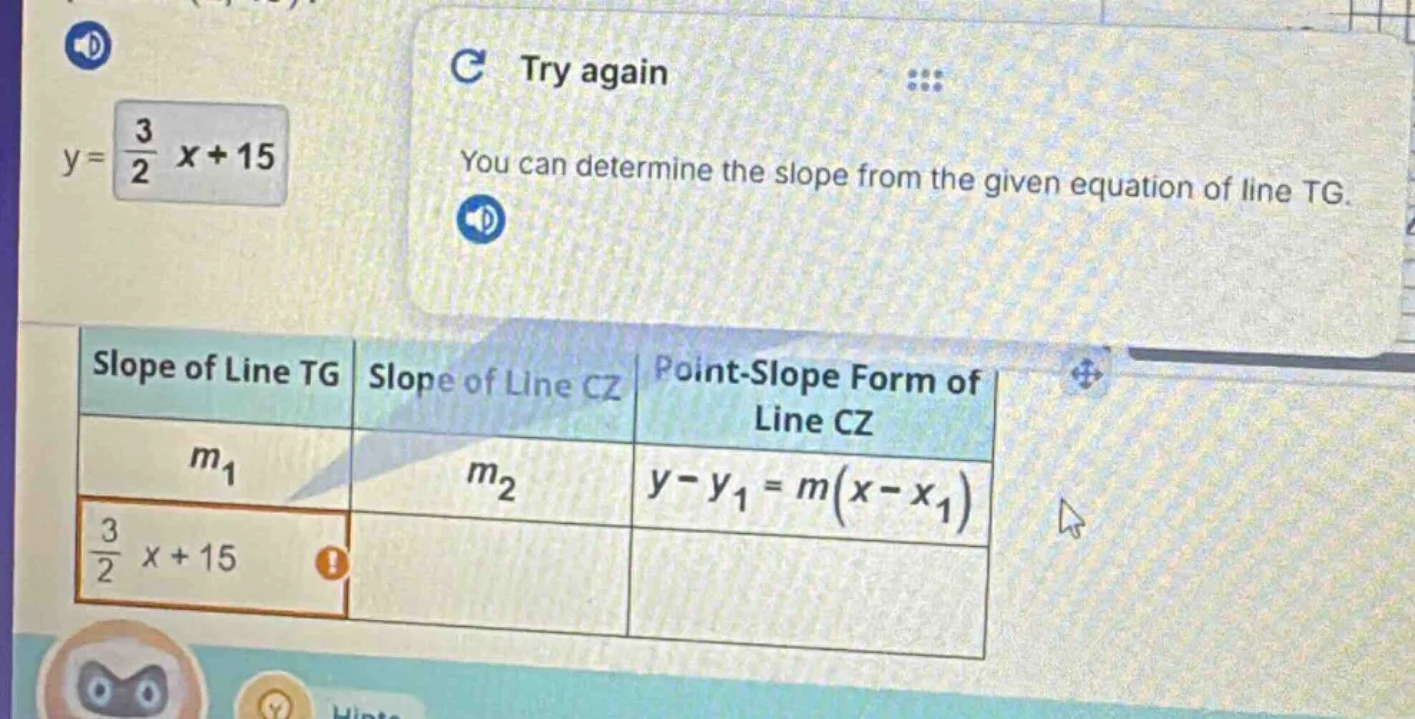y = \\frac{3}{2}x + 15 try again you can determine the slope from the g…