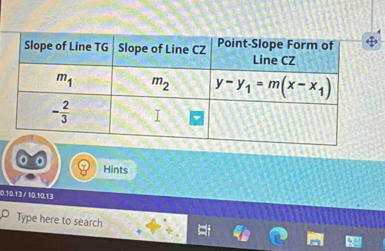 slope of line tg, slope of line cz, point - slope form of line cz; $m_1…