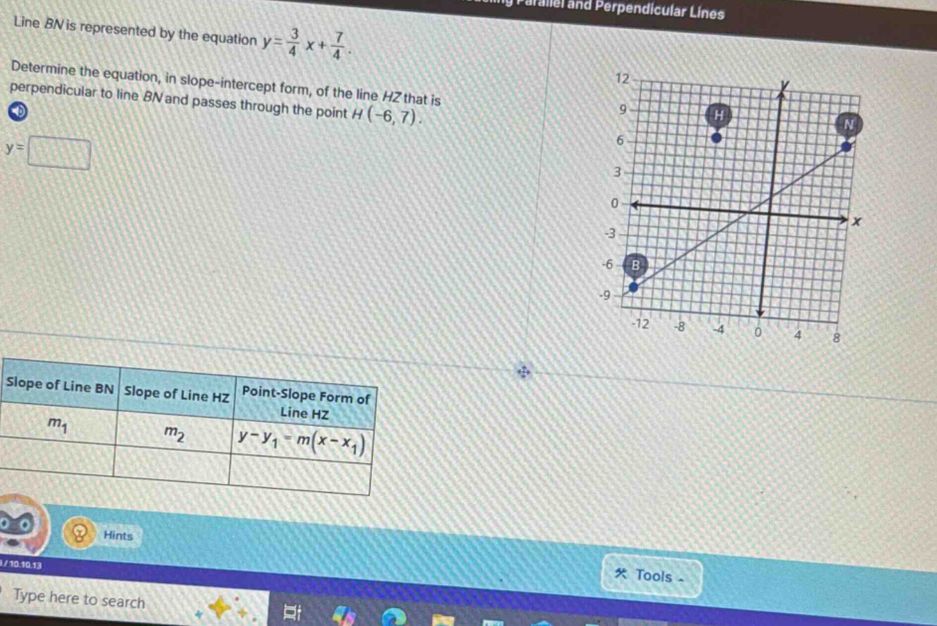 line bn is represented by the equation $y = \\frac{3}{4}x + \\frac{7}{4…