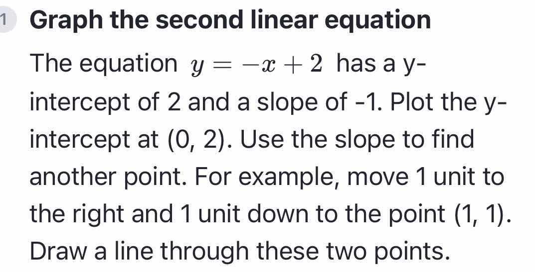graph the second linear equation the equation $y = -x + 2$ has a y-inte…