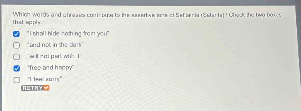 which words and phrases contribute to the assertive tone of settainte (…