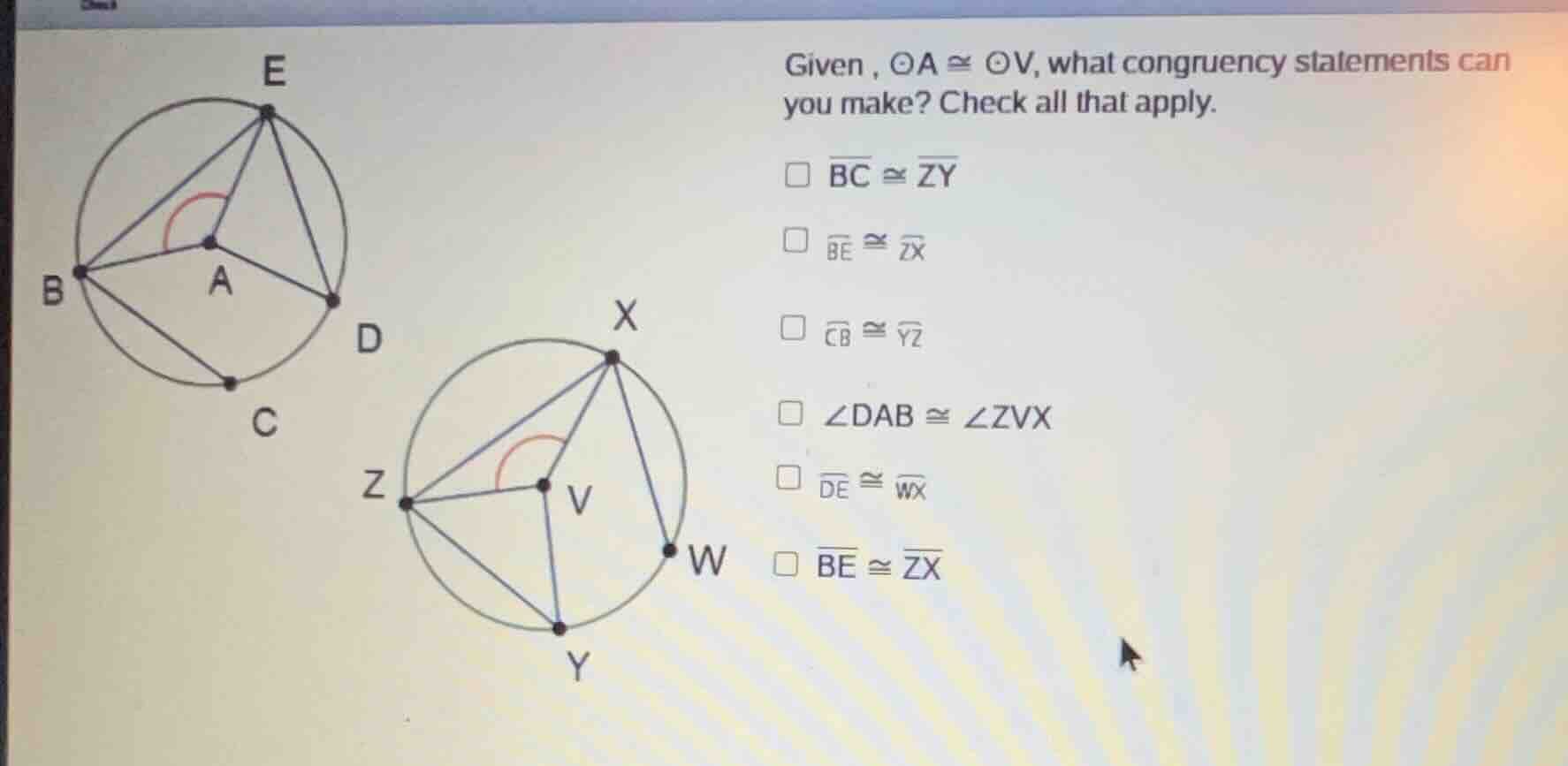 given, ⊙a ≅ ⊙v, what congruency statements can you make? check all that…