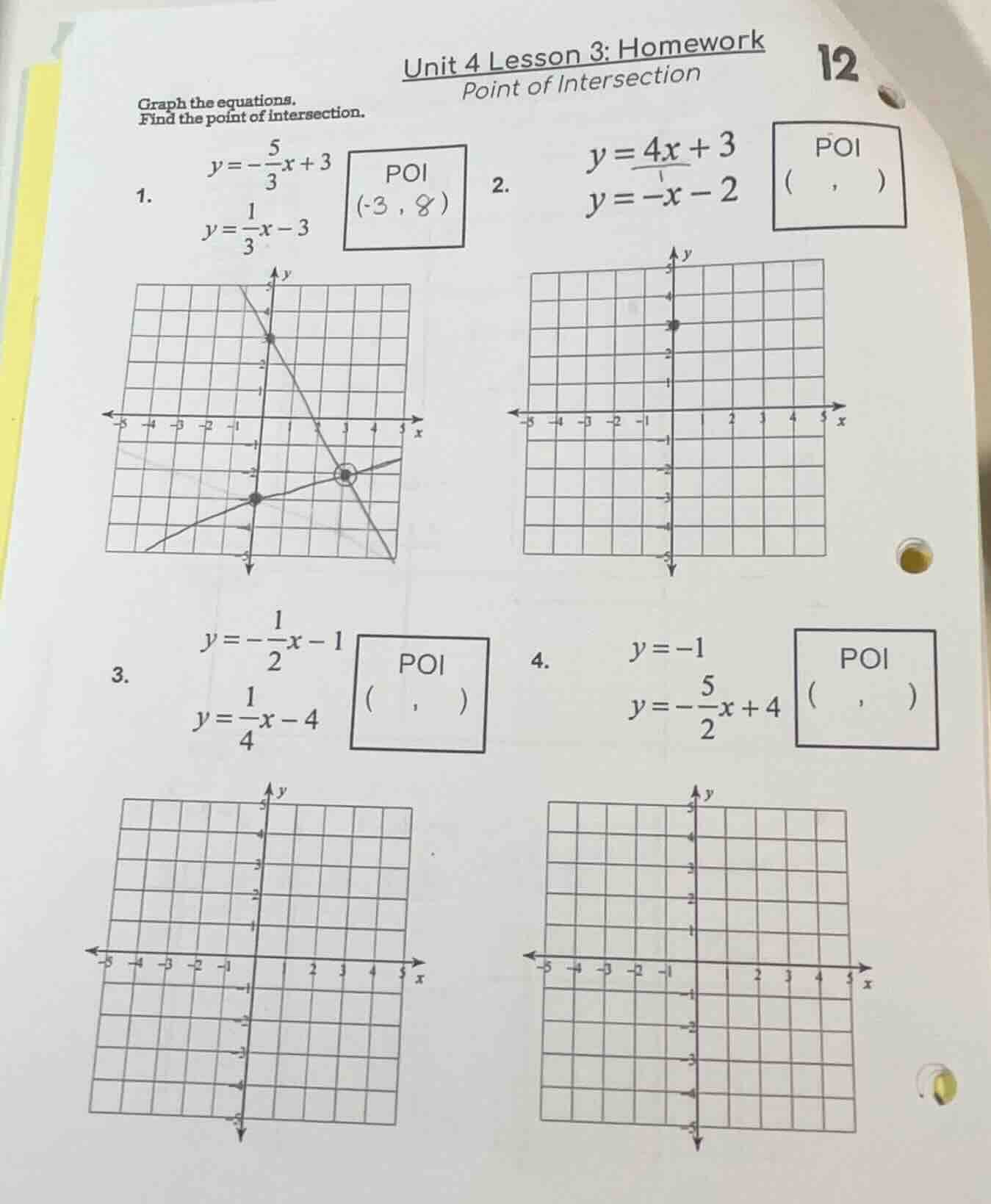 unit 4 lesson 3: homework point of intersection graph the equations. fi…