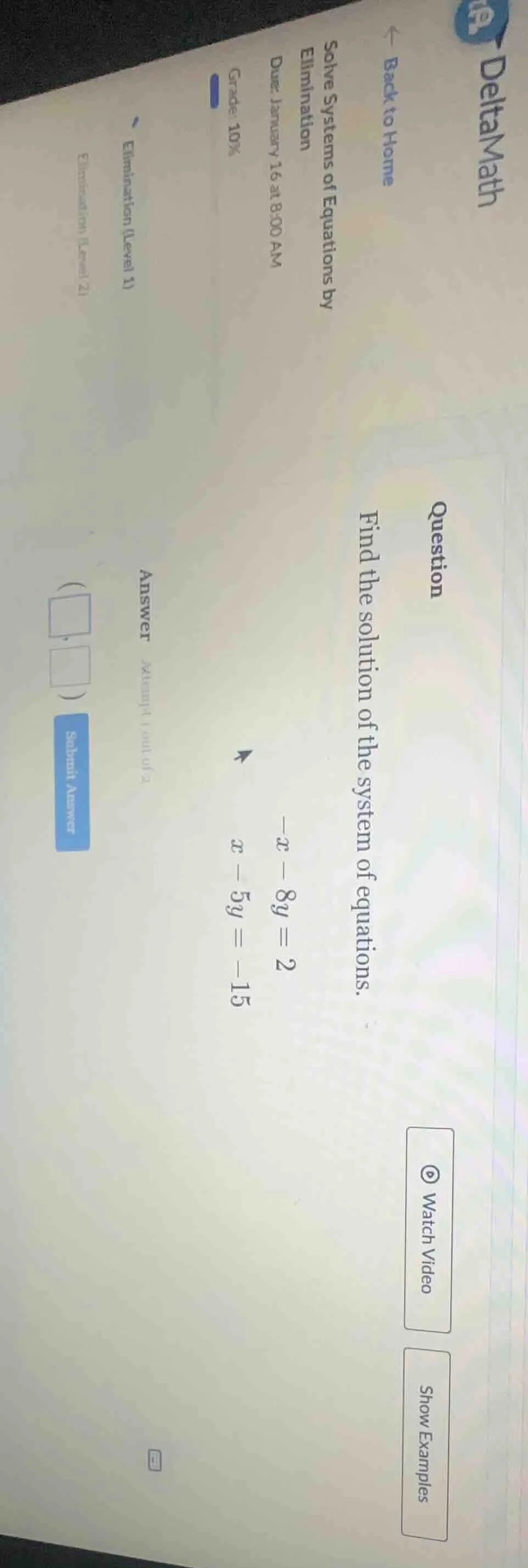 question find the solution of the system of equations. \\(-x - 8y = 2\\…