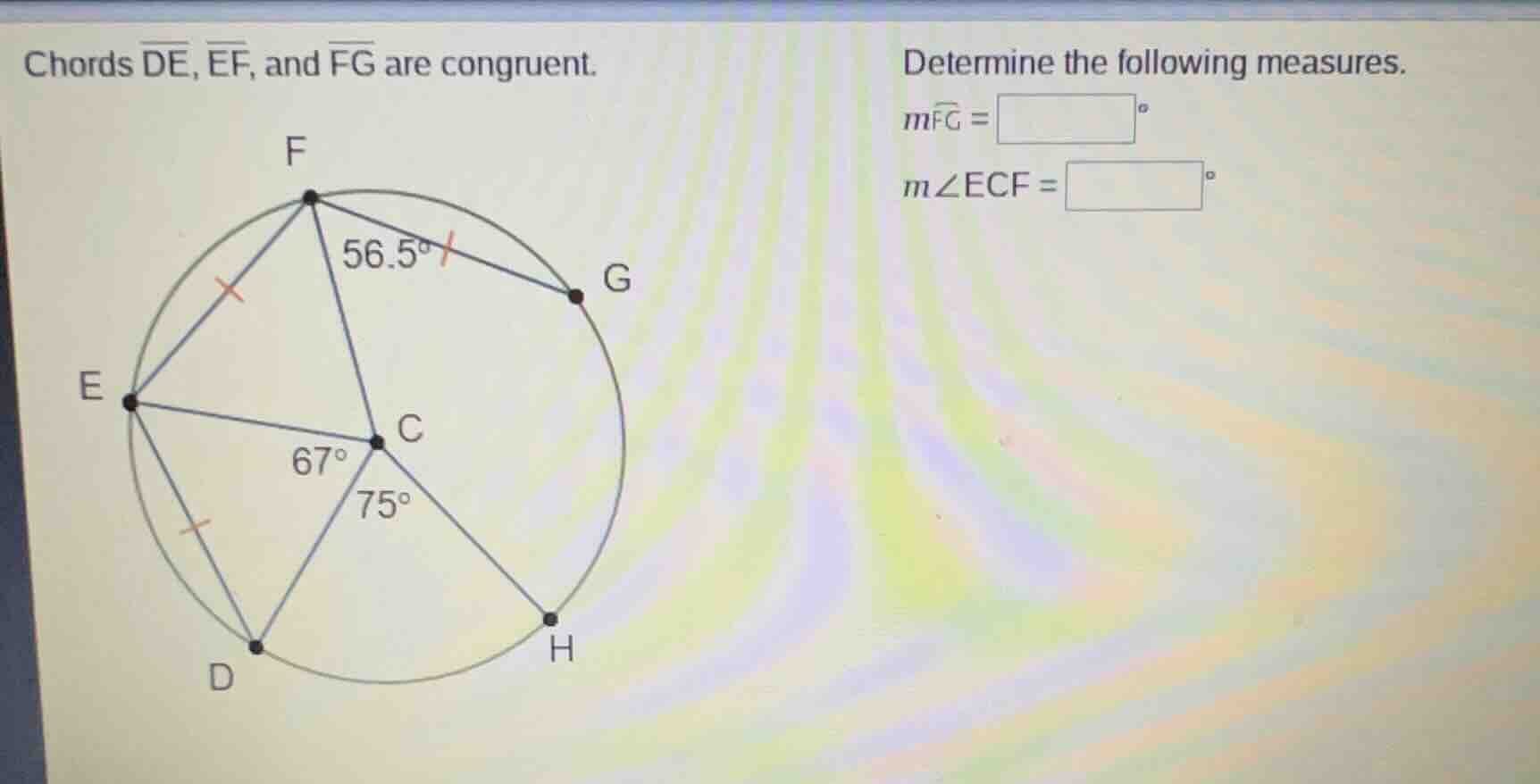 chords \\(\\overline{de}\\), \\(\\overline{ef}\\), and \\(\\overline{fg…