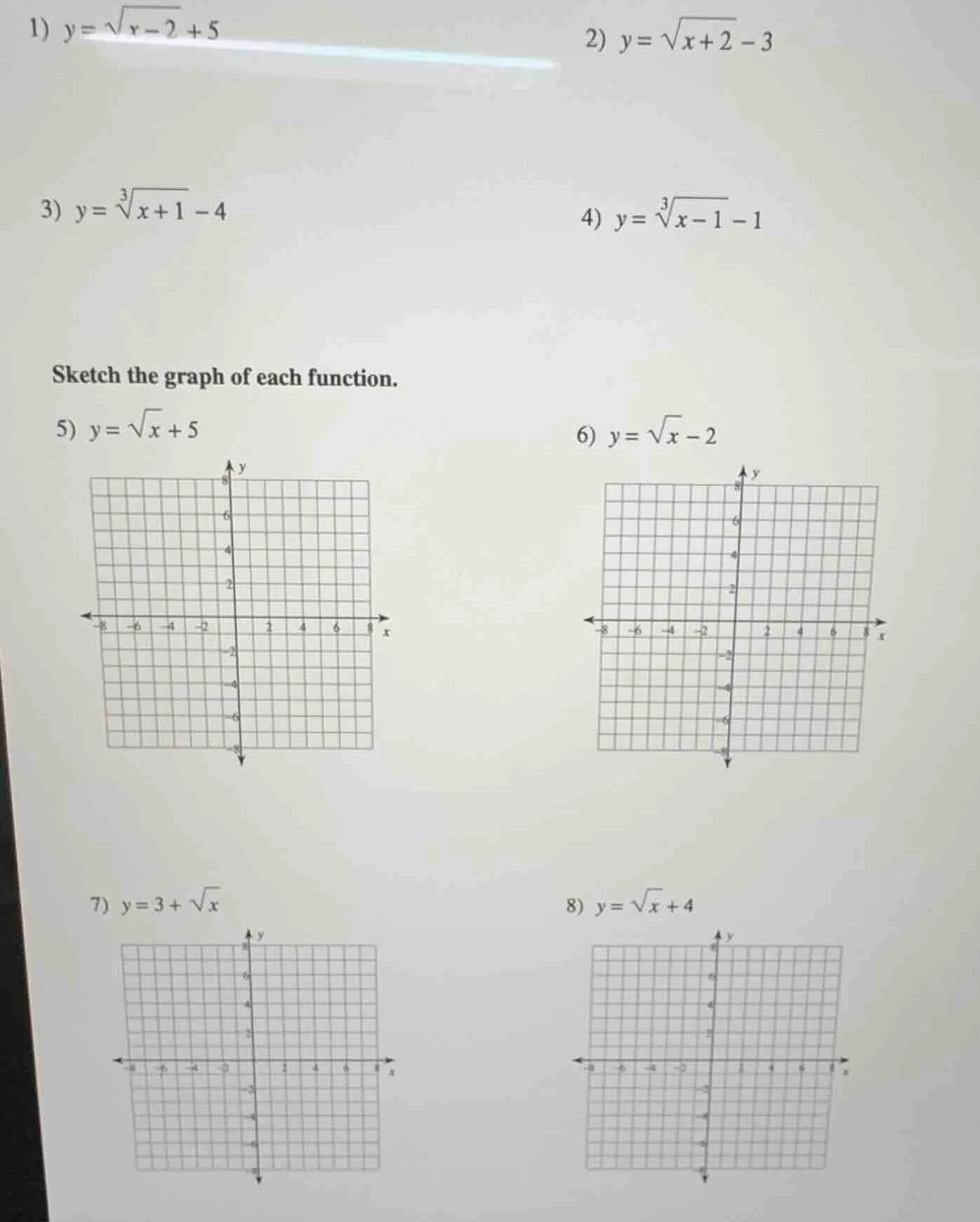 1) $y = \\sqrt{x - 2} + 5$ 2) $y = \\sqrt{x + 2} - 3$ 3) $y = \\sqrt3{x…