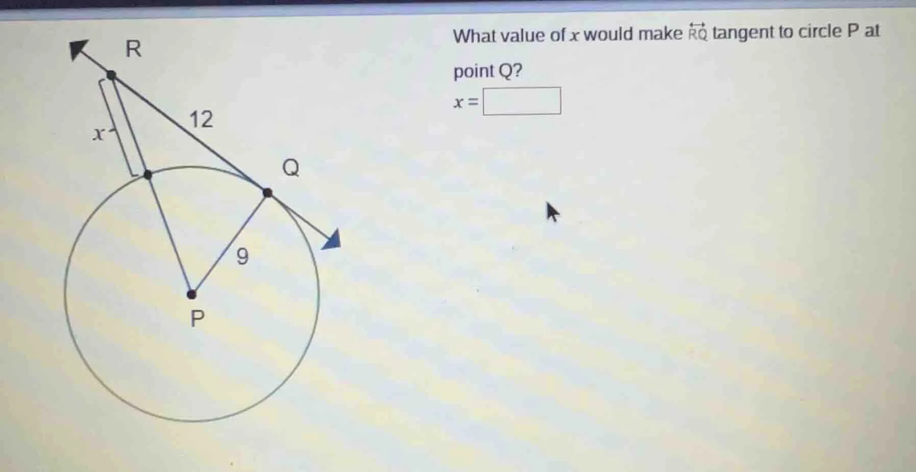 what value of x would make \\(\\overleftrightarrow{rq}\\) tangent to ci…