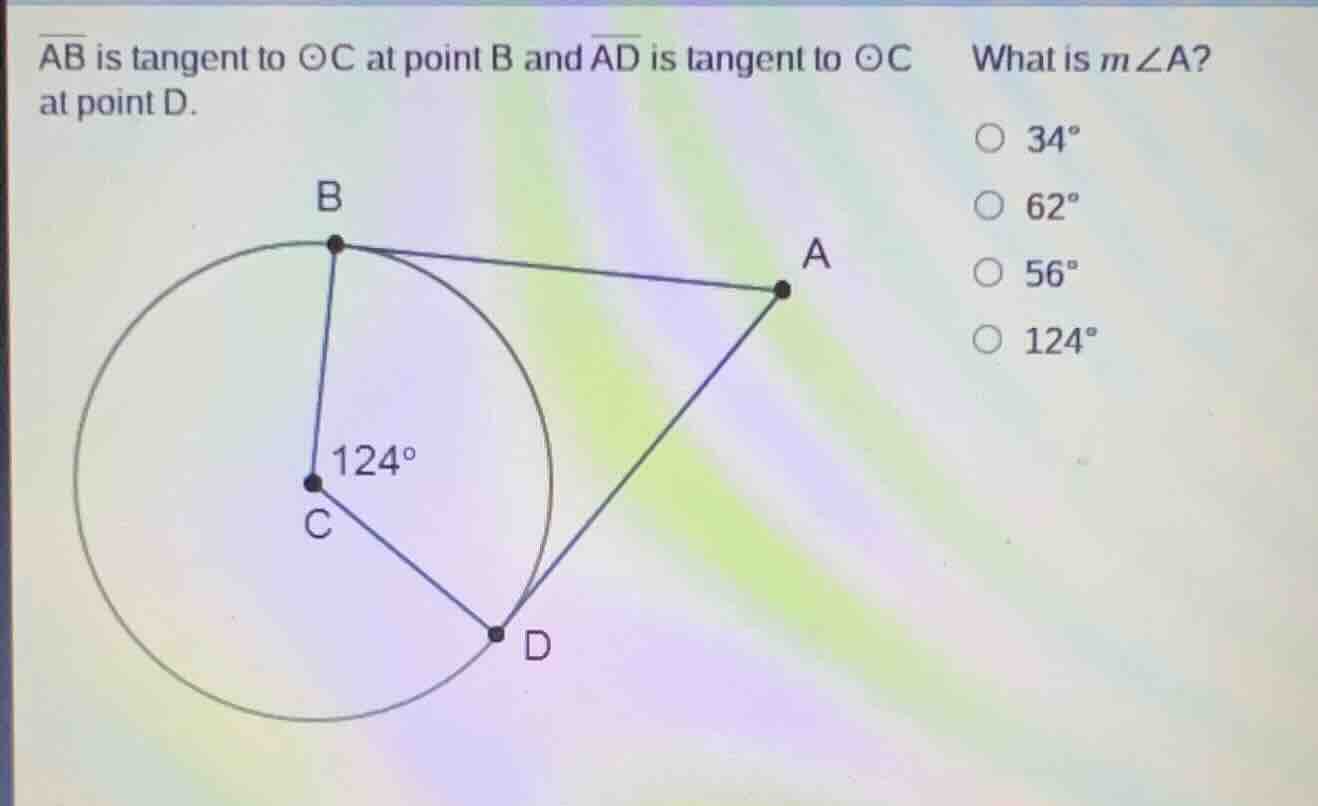 ab is tangent to ⊙c at point b and ad is tangent to ⊙c at point d. what…