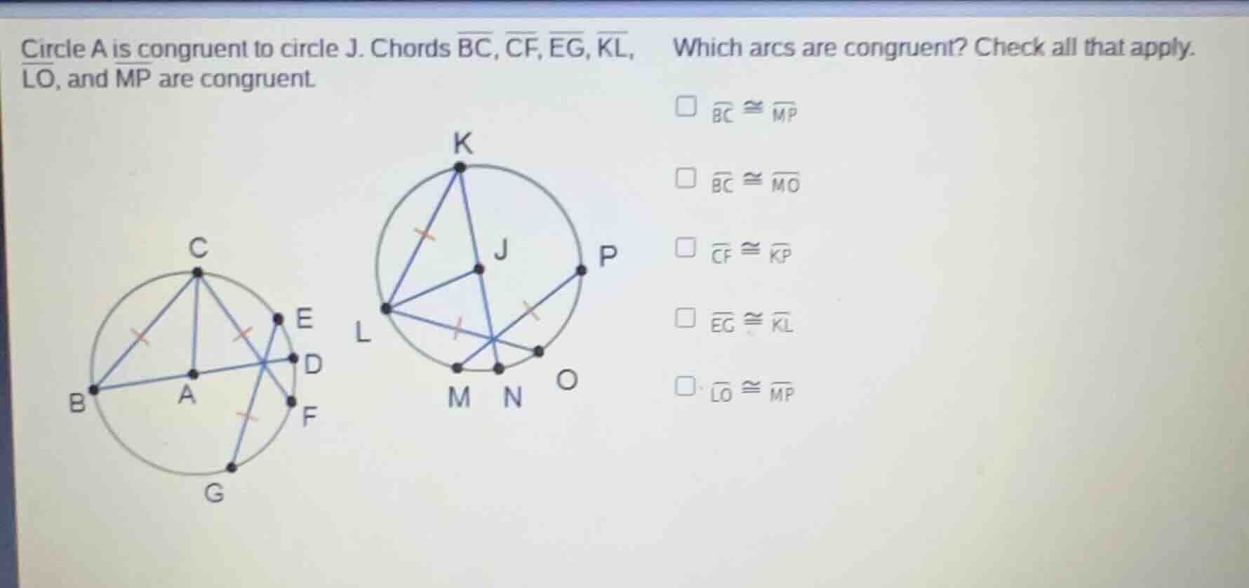 circle a is congruent to circle j. chords \\(\\overline{bc}\\), \\(\\ov…