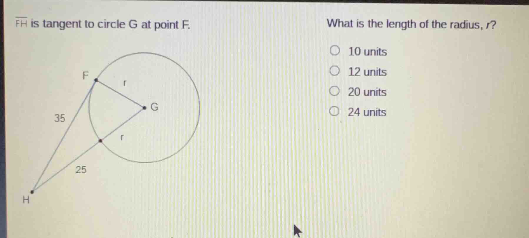 $\\overline{fh}$ is tangent to circle g at point f. what is the length …