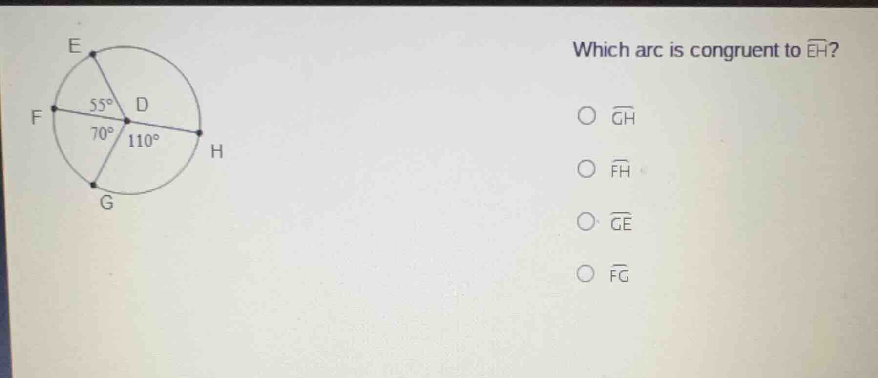 which arc is congruent to \\(\\overarc{eh}\\)? \\(\\bigcirc\\) \\(\\ove…