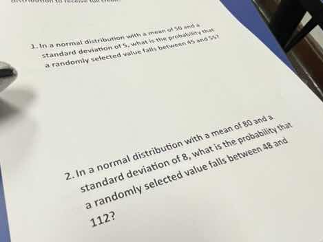 1. in a normal distribution with a mean of 45 and a standard deviation …