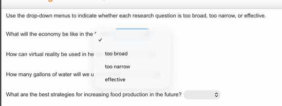 use the drop-down menus to indicate whether each research question is t…