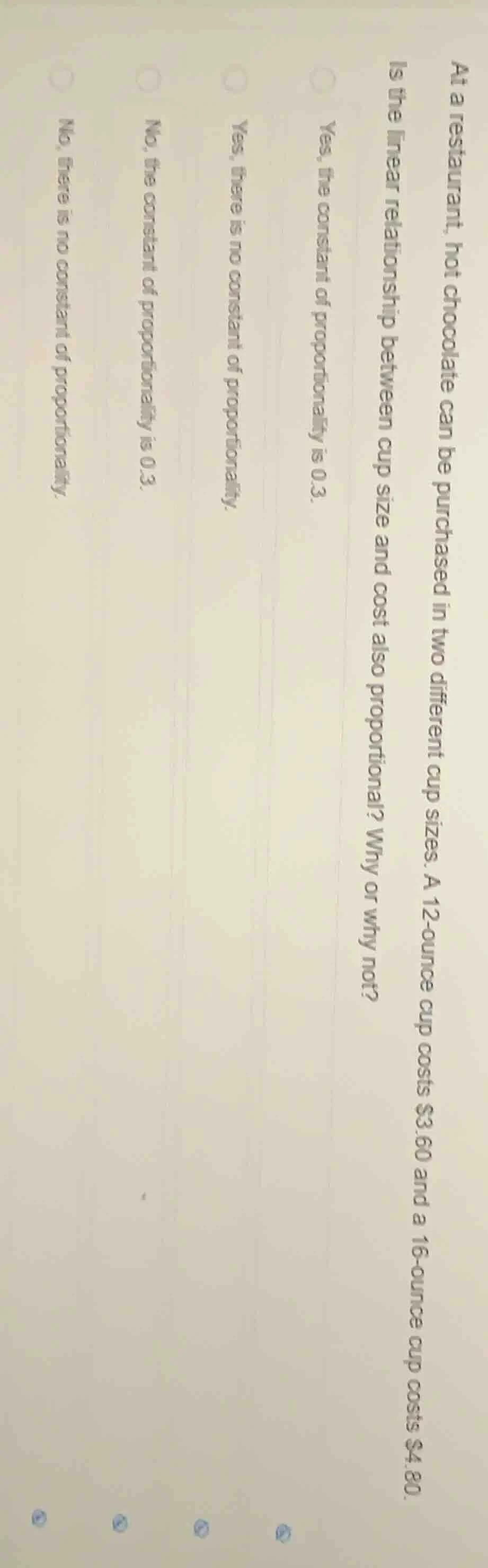 at a restaurant, hot chocolate can be purchased in two different cup si…