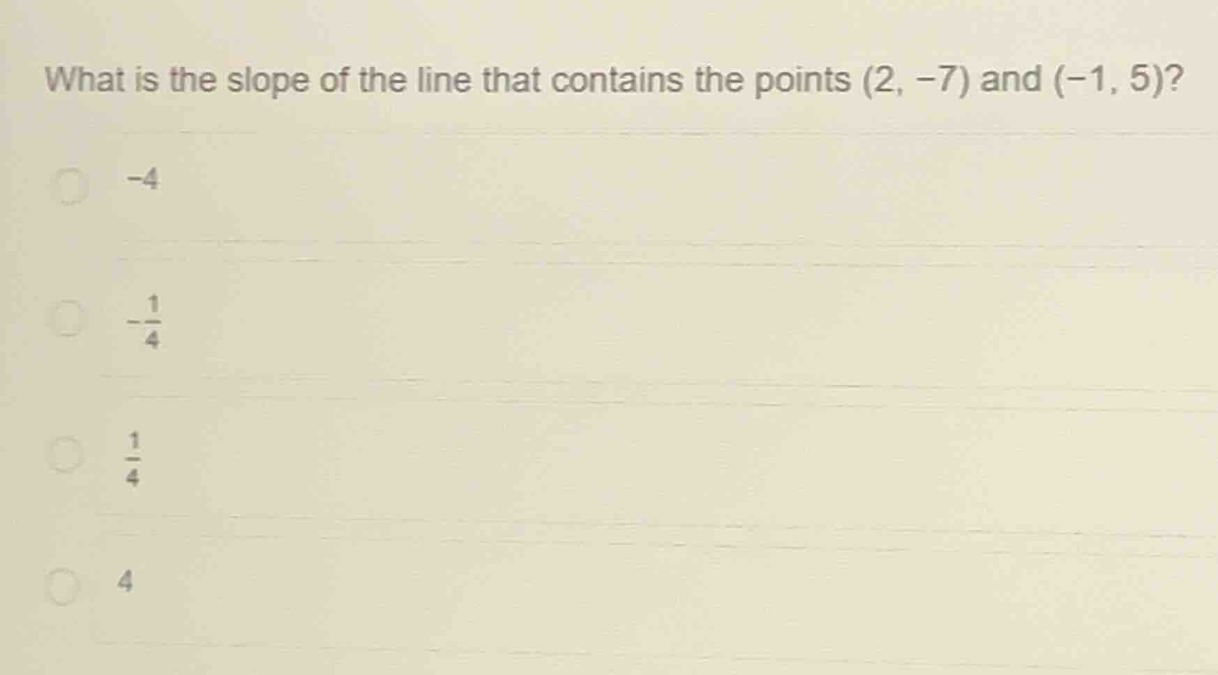 what is the slope of the line that contains the points (2, -7) and (-1,…