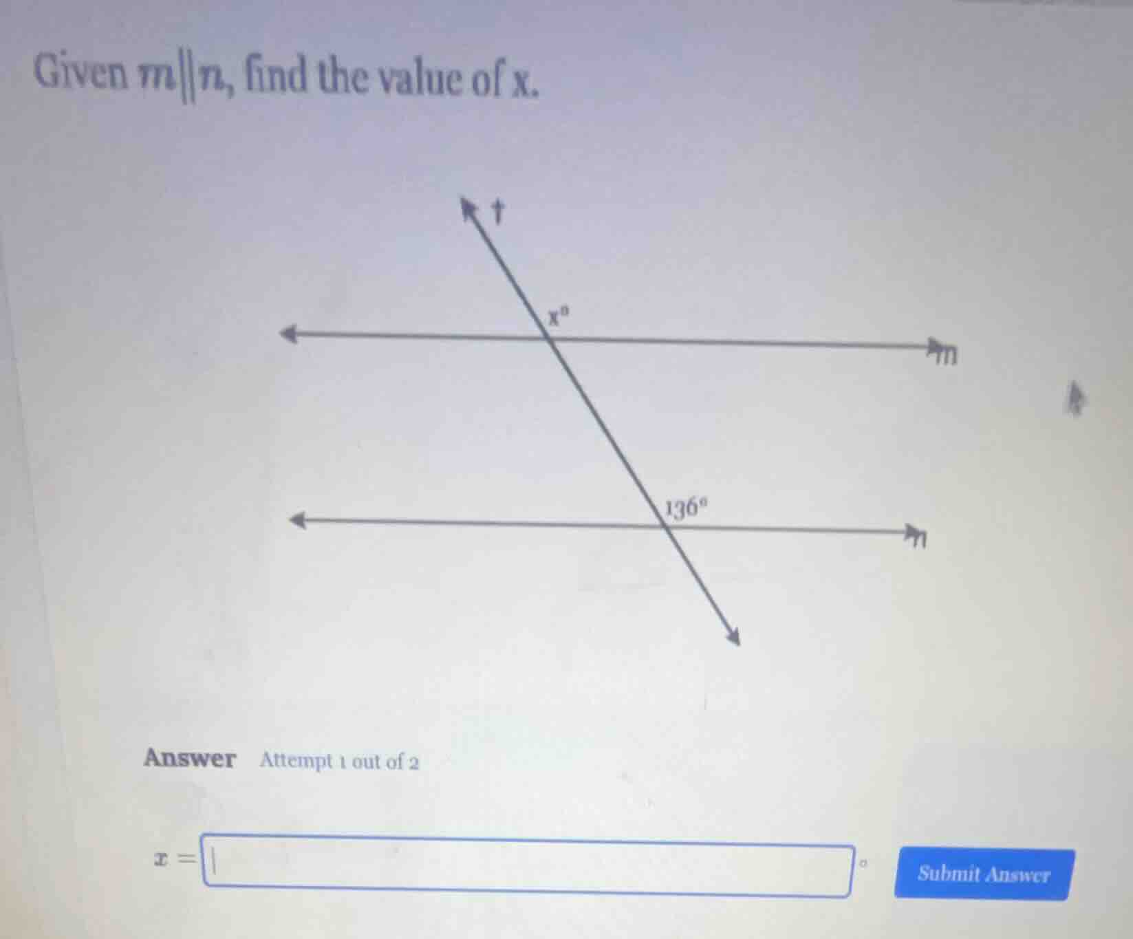 given $m \\parallel n$, find the value of $x$. (there is a diagram show…