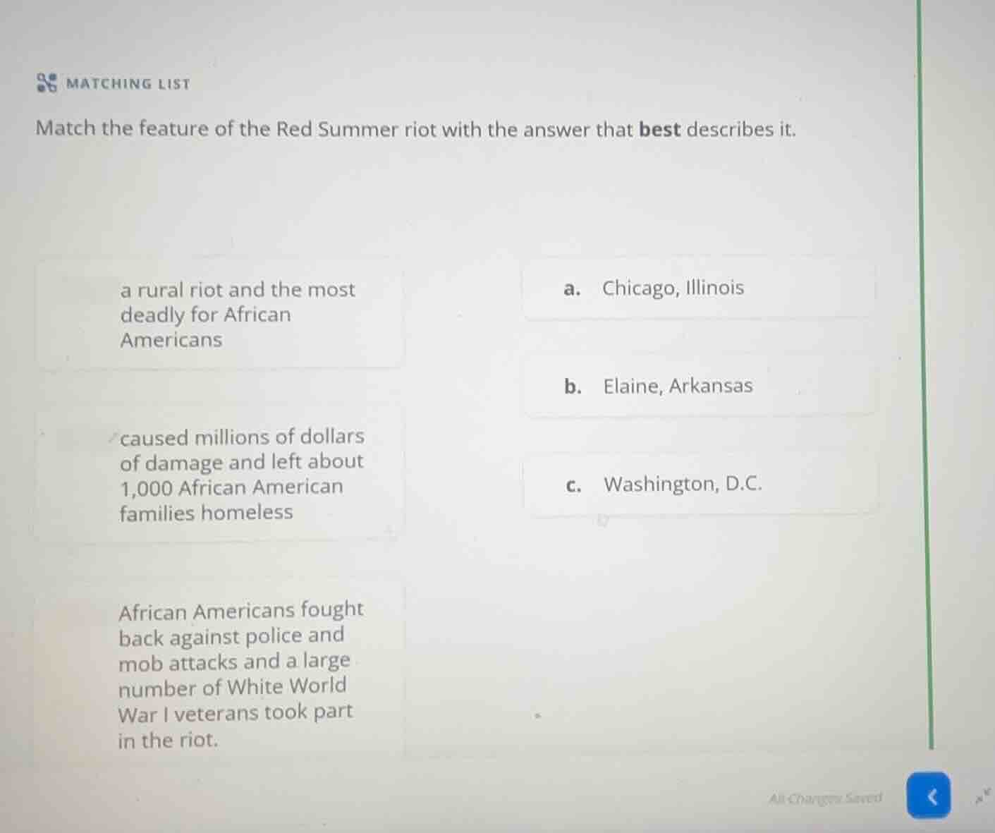 matching list match the feature of the red summer riot with the answer …