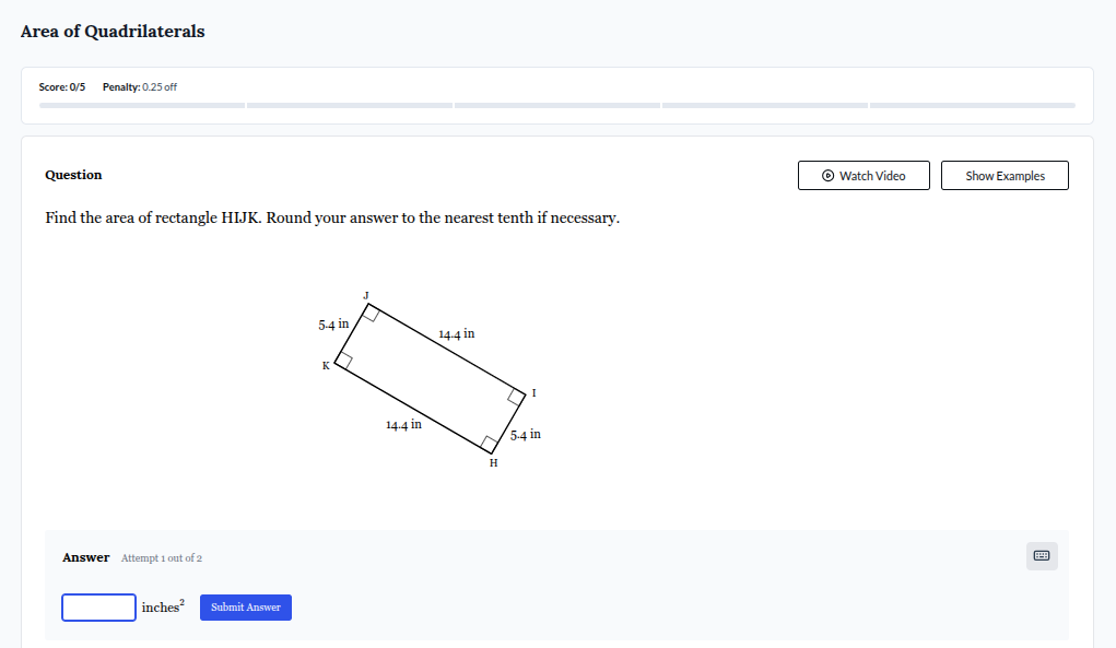 area of quadrilaterals score: 0/5 penalty: 0.25 off question find the a…