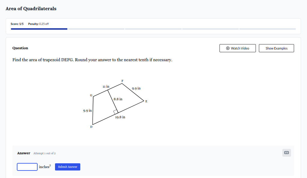 area of quadrilaterals score: 1/5 penalty: 0.25 off question find the a…