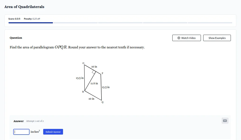 area of quadrilaterals score: 0.5/5 penalty: 0.25 off question find the…