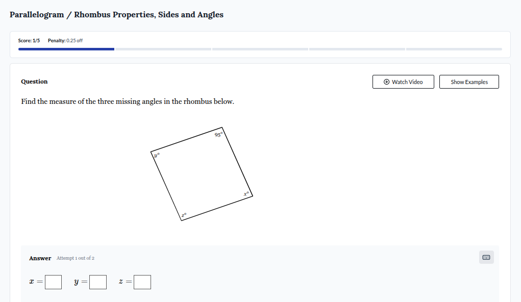 parallelogram / rhombus properties, sides and angles score: 1/5 penalty…