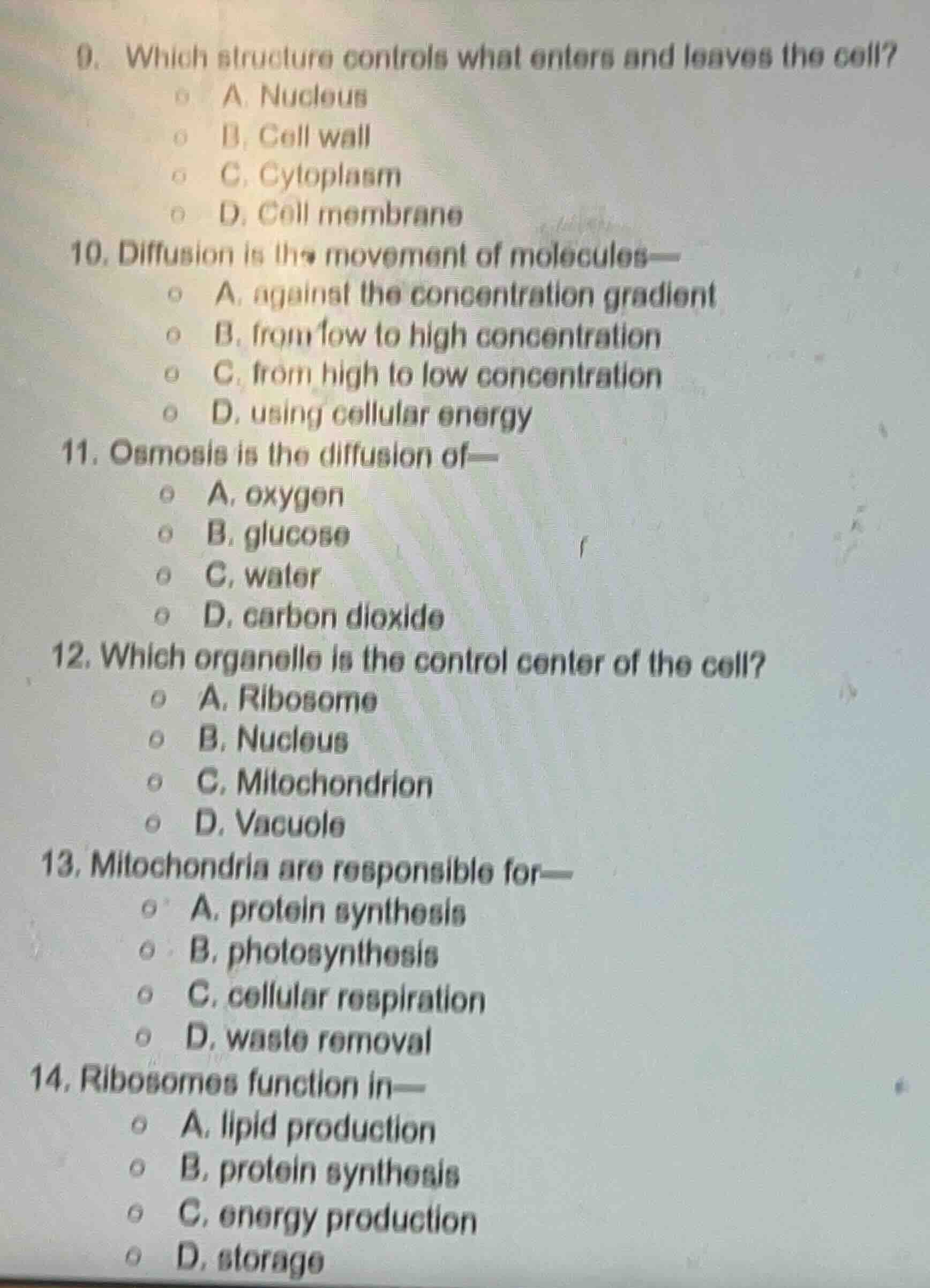 9. which structure controls what enters and leaves the cell? a. nucleus…