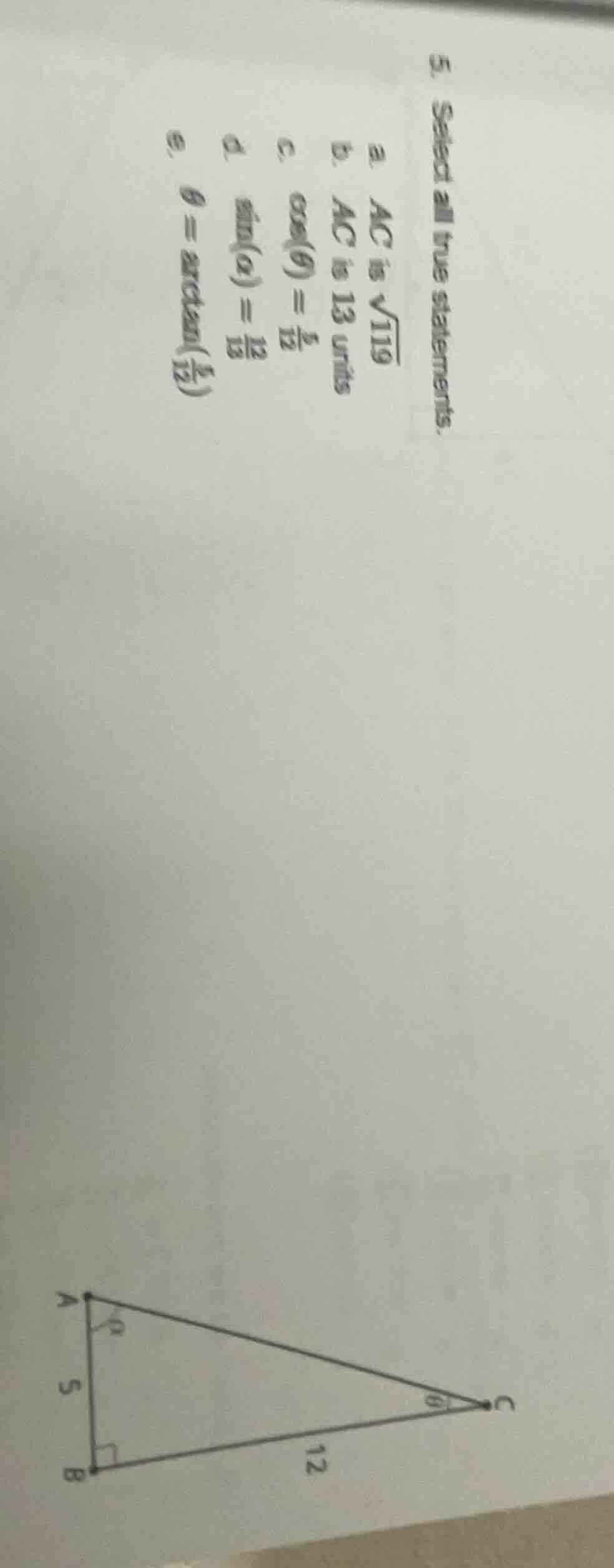 5. select all true statements. a. ( ac ) is ( sqrt{119} ) b. ( ac ) is …