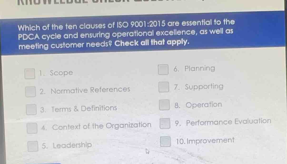 which of the ten clauses of iso 9001:2015 are essential to the pdca cyc…