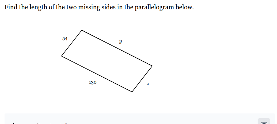 find the length of the two missing sides in the parallelogram below. im…