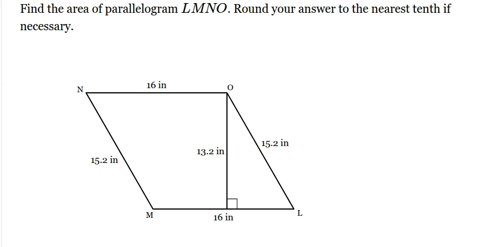 find the area of parallelogram lmno. round your answer to the nearest t…