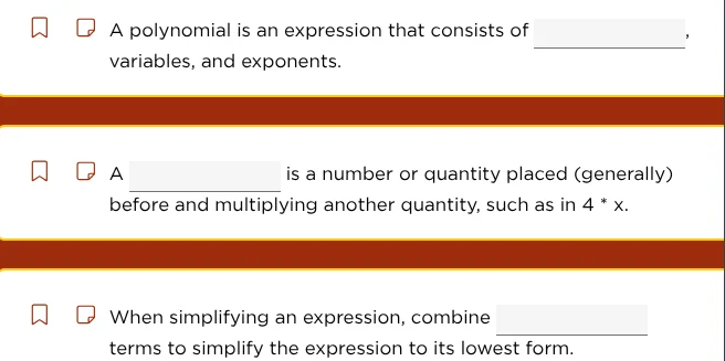 a polynomial is an expression that consists of ______, variables, and e…