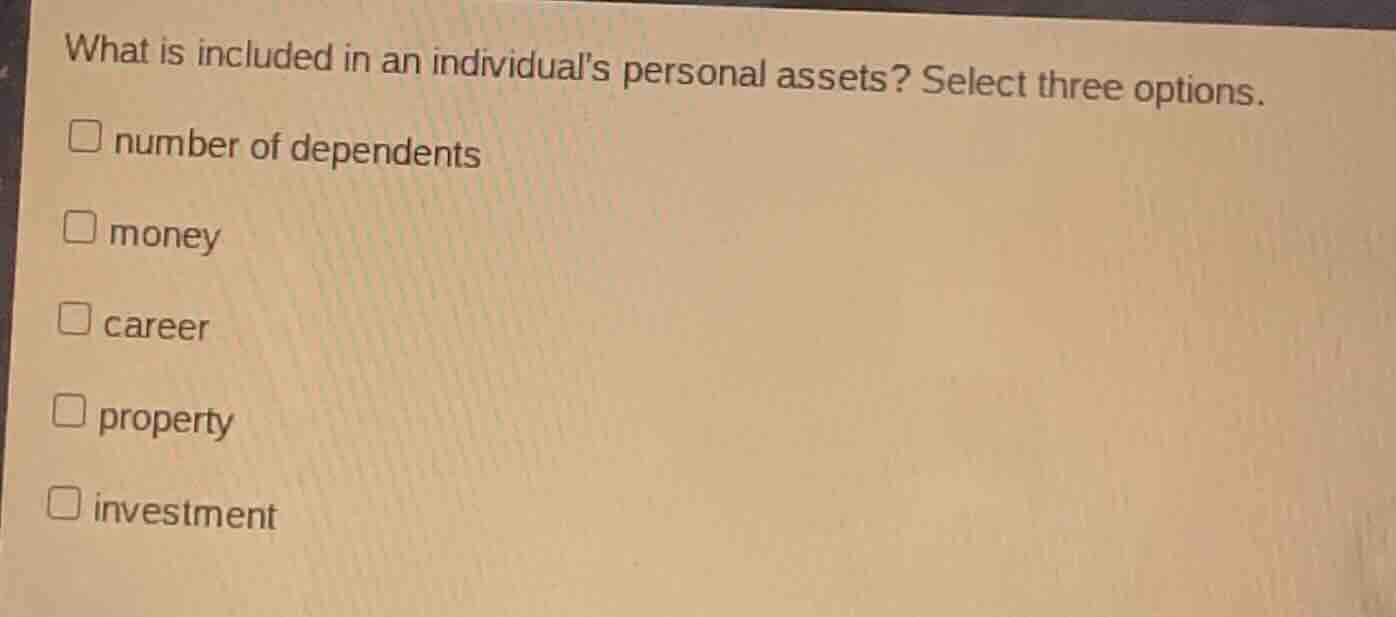 what is included in an individuals personal assets? select three option…
