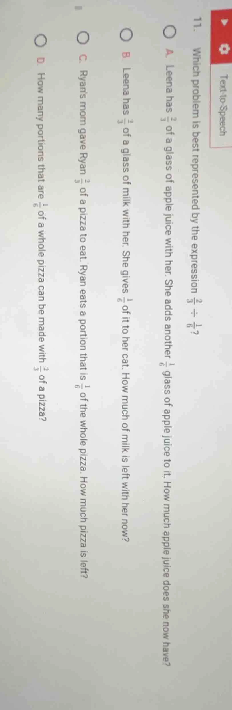 11. which problem is best represented by the expression $\frac{2}{3} di…