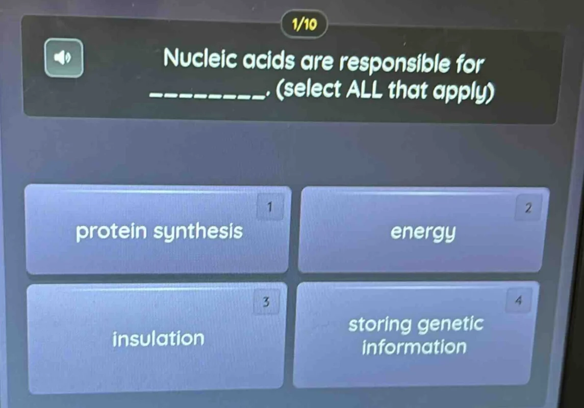 nucleic acids are responsible for _______. (select all that apply) 1 pr…