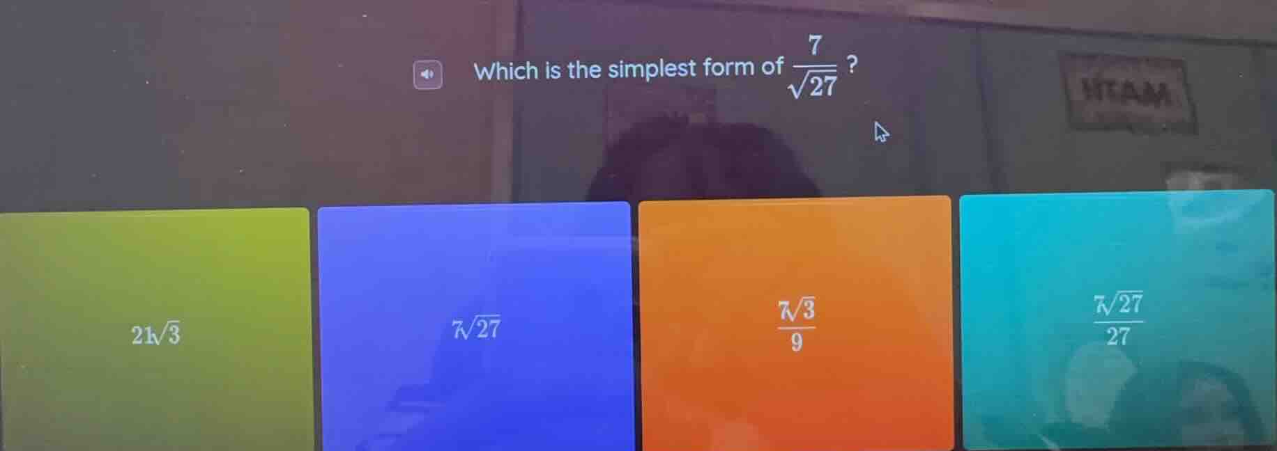which is the simplest form of \\(\\frac{7}{\\sqrt{27}}\\)? options: (21…
