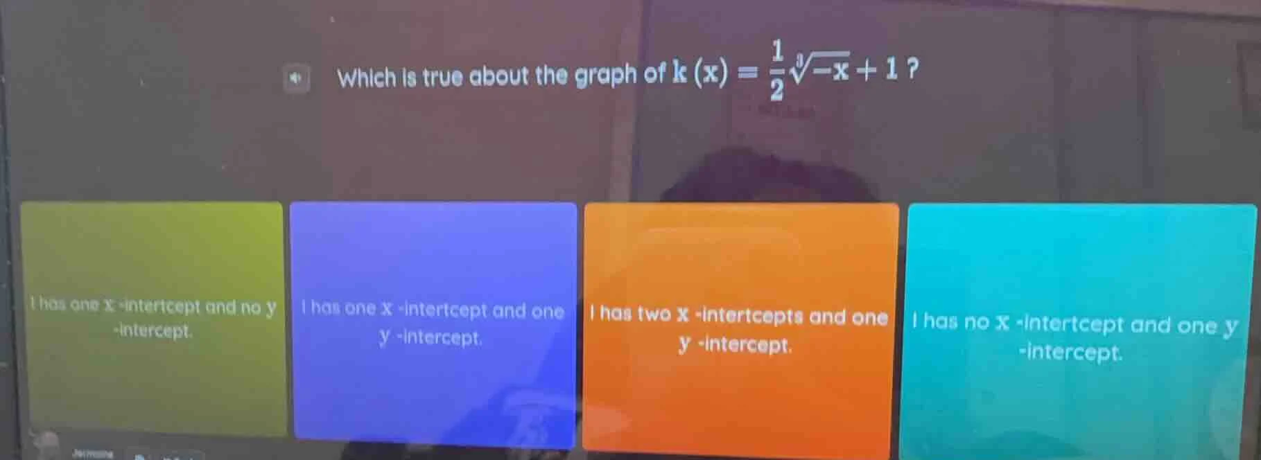 which is true about the graph of $k(x) = \\frac{1}{2}\\sqrt3{-x} + 1$? …
