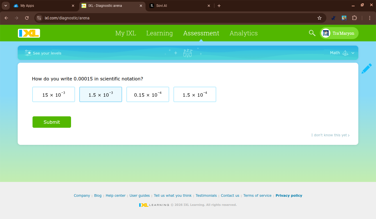 how do you write 0.00015 in scientific notation? 15 × 10⁻³ 1.5 × 10⁻³ 0…