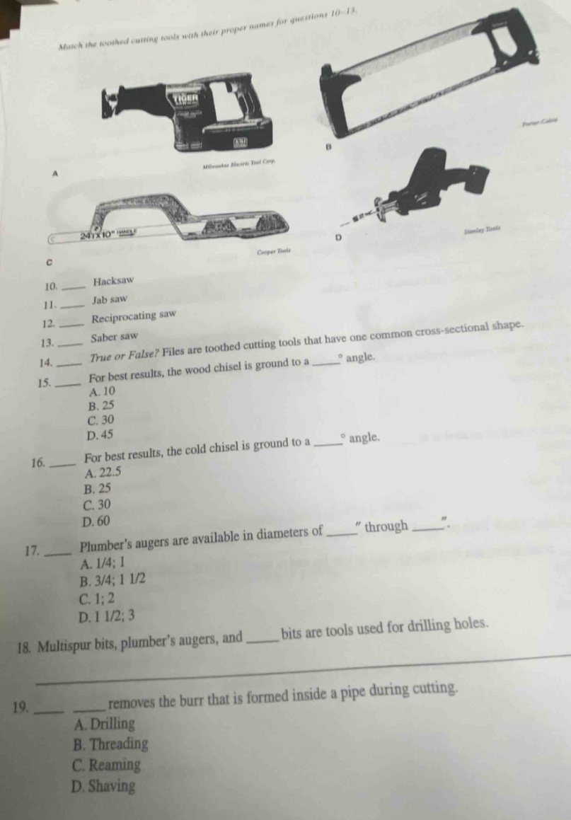 match the toothed cutting tools with their proper names for questions 1…