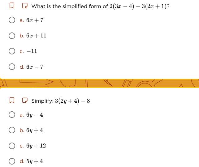 what is the simplified form of $2(3x - 4) - 3(2x + 1)$? a. $6x + 7$ b. …