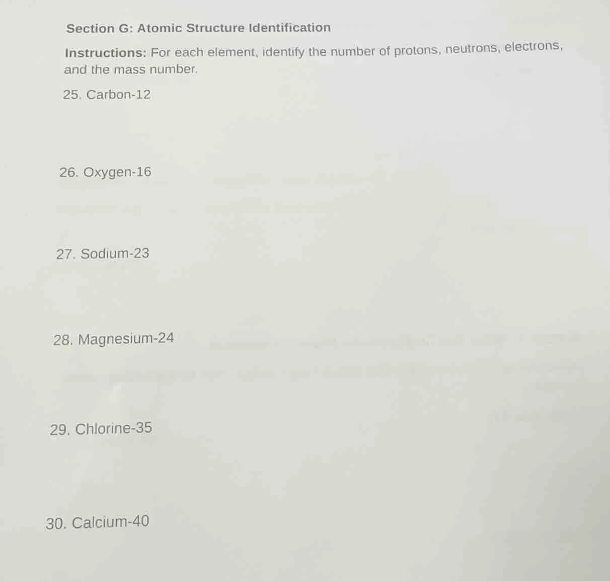 section g: atomic structure identification instructions: for each eleme…