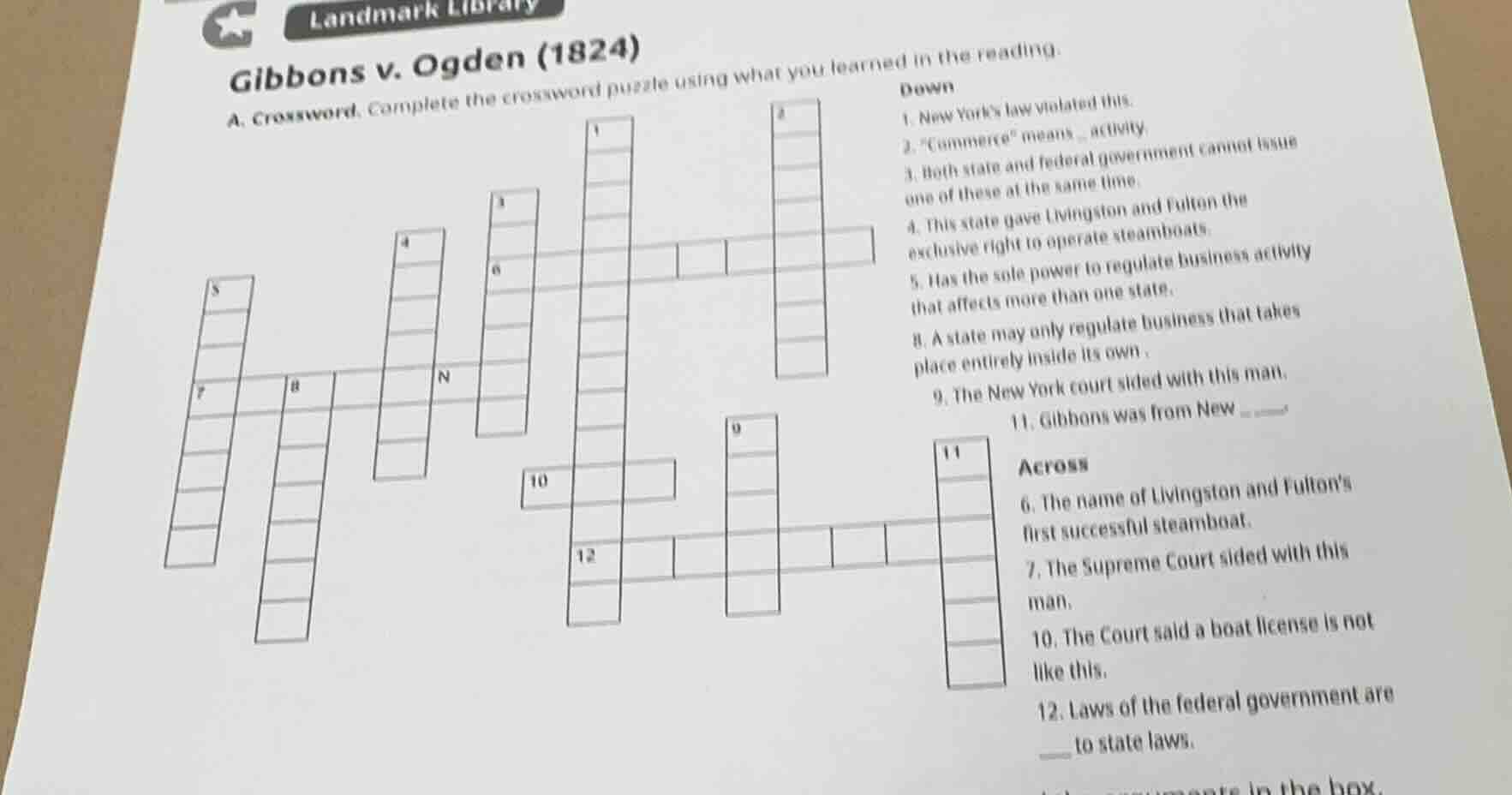 landmark library gibbons v. ogden (1824) a. crossword. complete the cro…