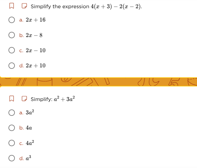 simplify the expression 4(x + 3) - 2(x - 2). a. 2x + 16 b. 2x - 8 c. 2x…