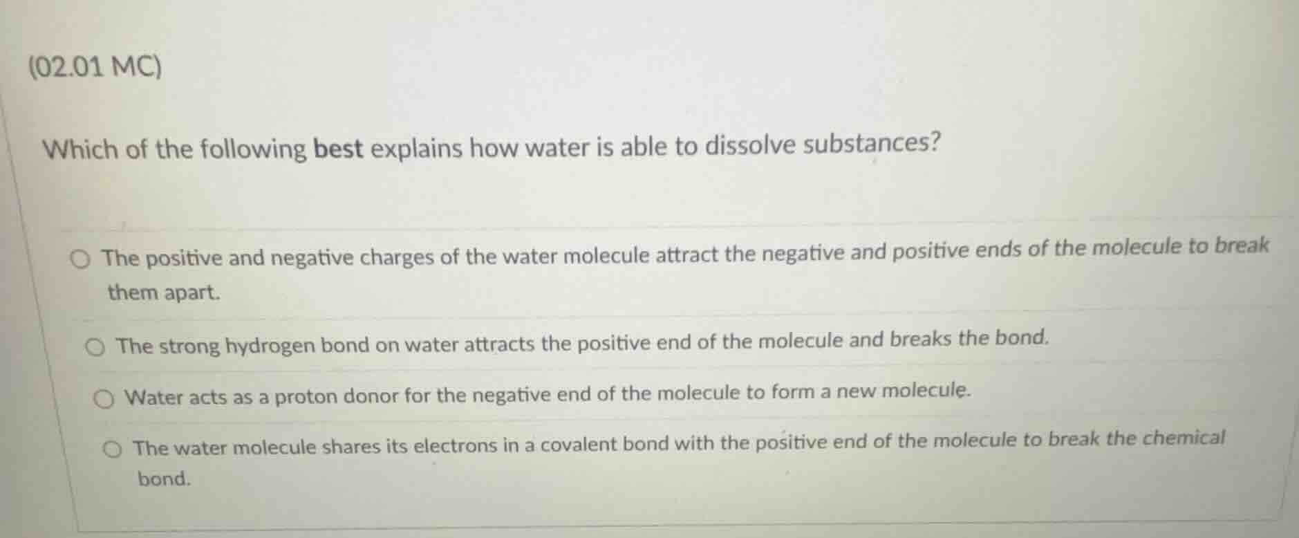 (02.01 mc) which of the following best explains how water is able to di…