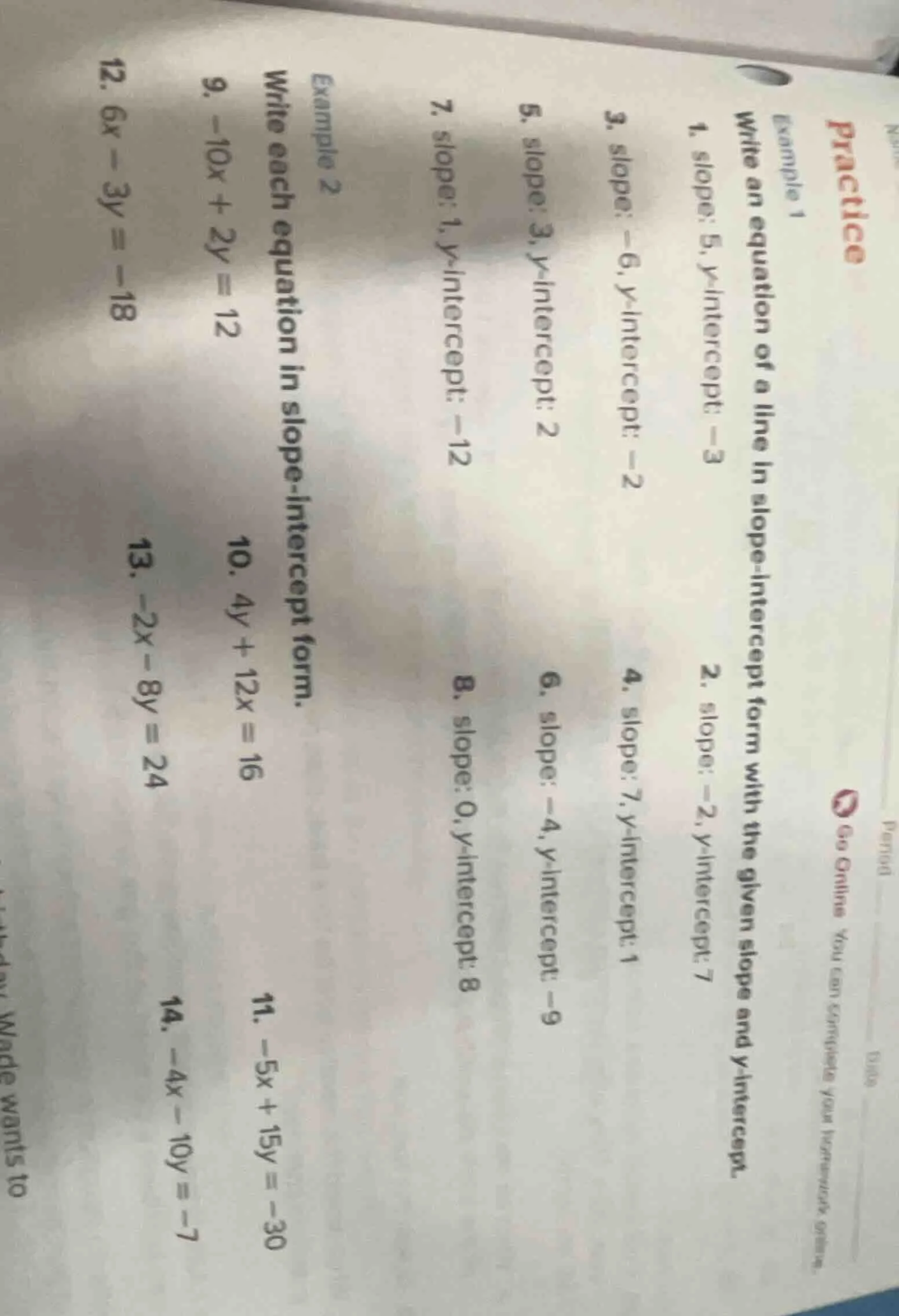 practice example 1 write an equation of a line in slope - intercept for…