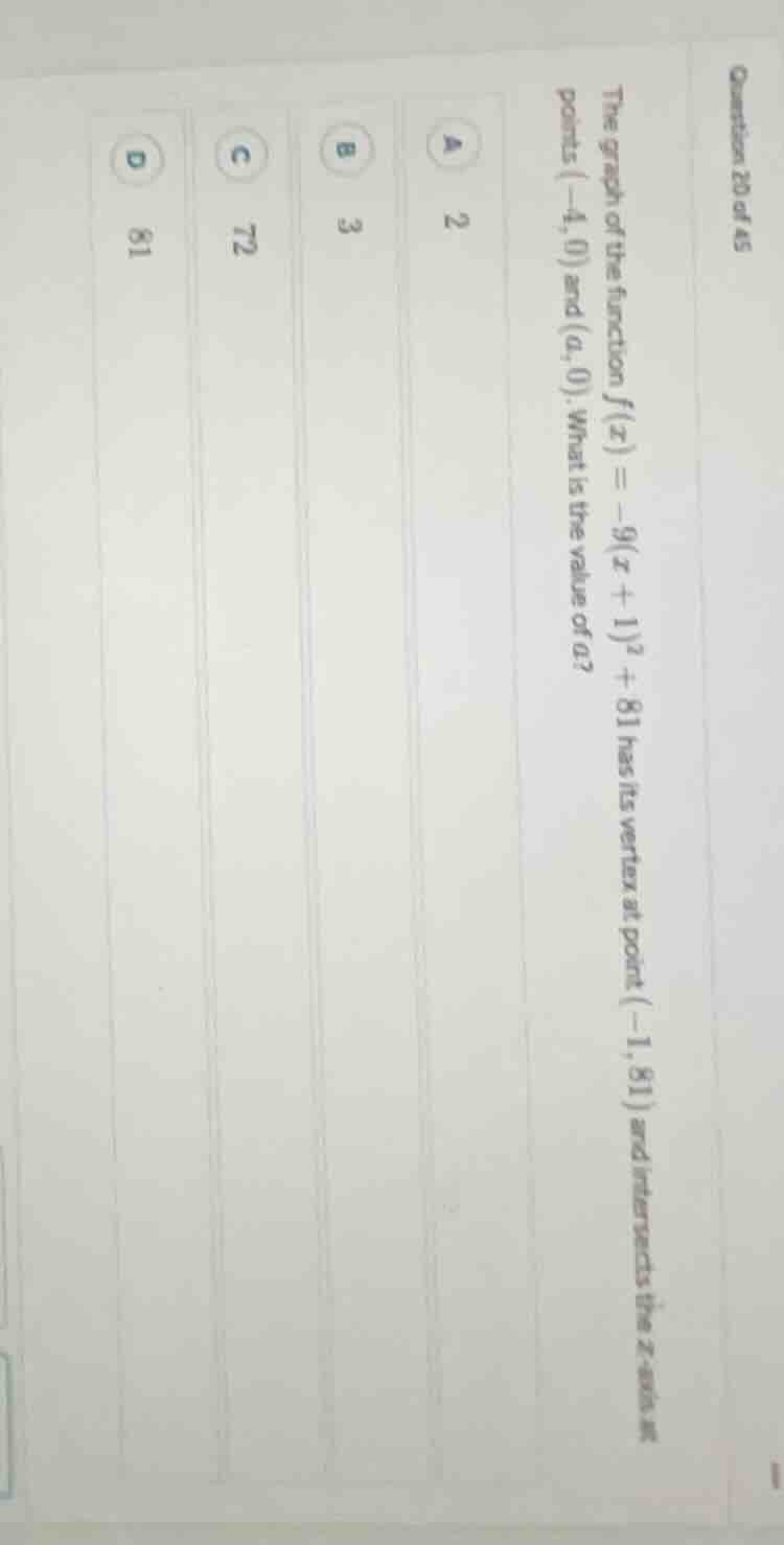 question 20 of 45 the graph of the function $f(x) = -9(x + 1)^2 + 81$ h…