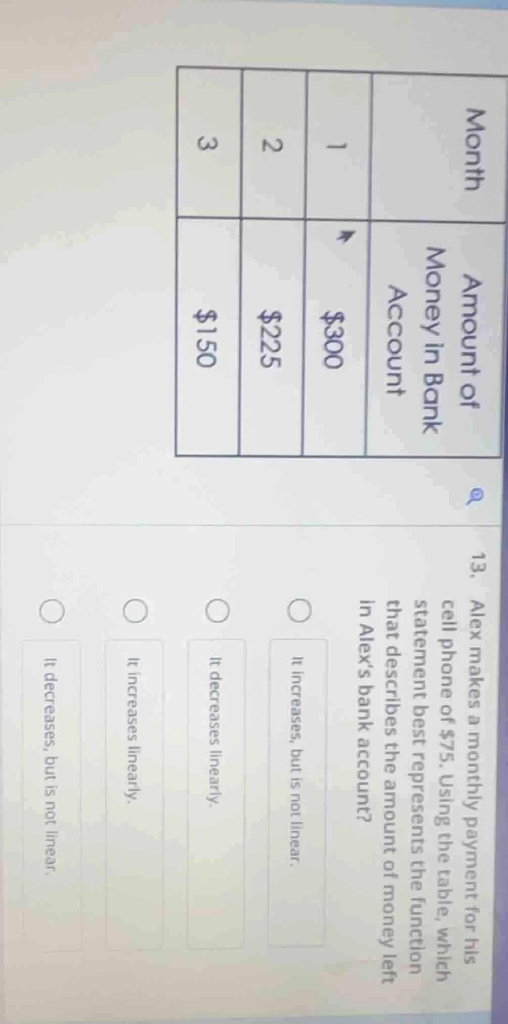month | amount of money in bank account 1 | $300 2 | $225 3 | $150 13. …