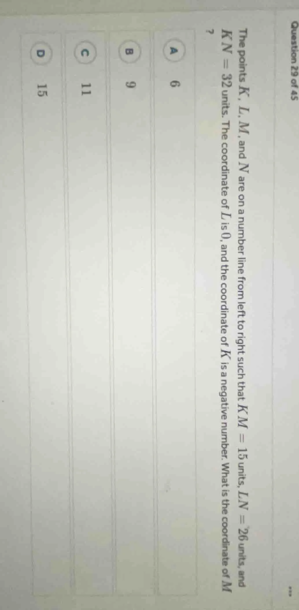question 29 of 45 the points k, l, m, and n are on a number line from l…