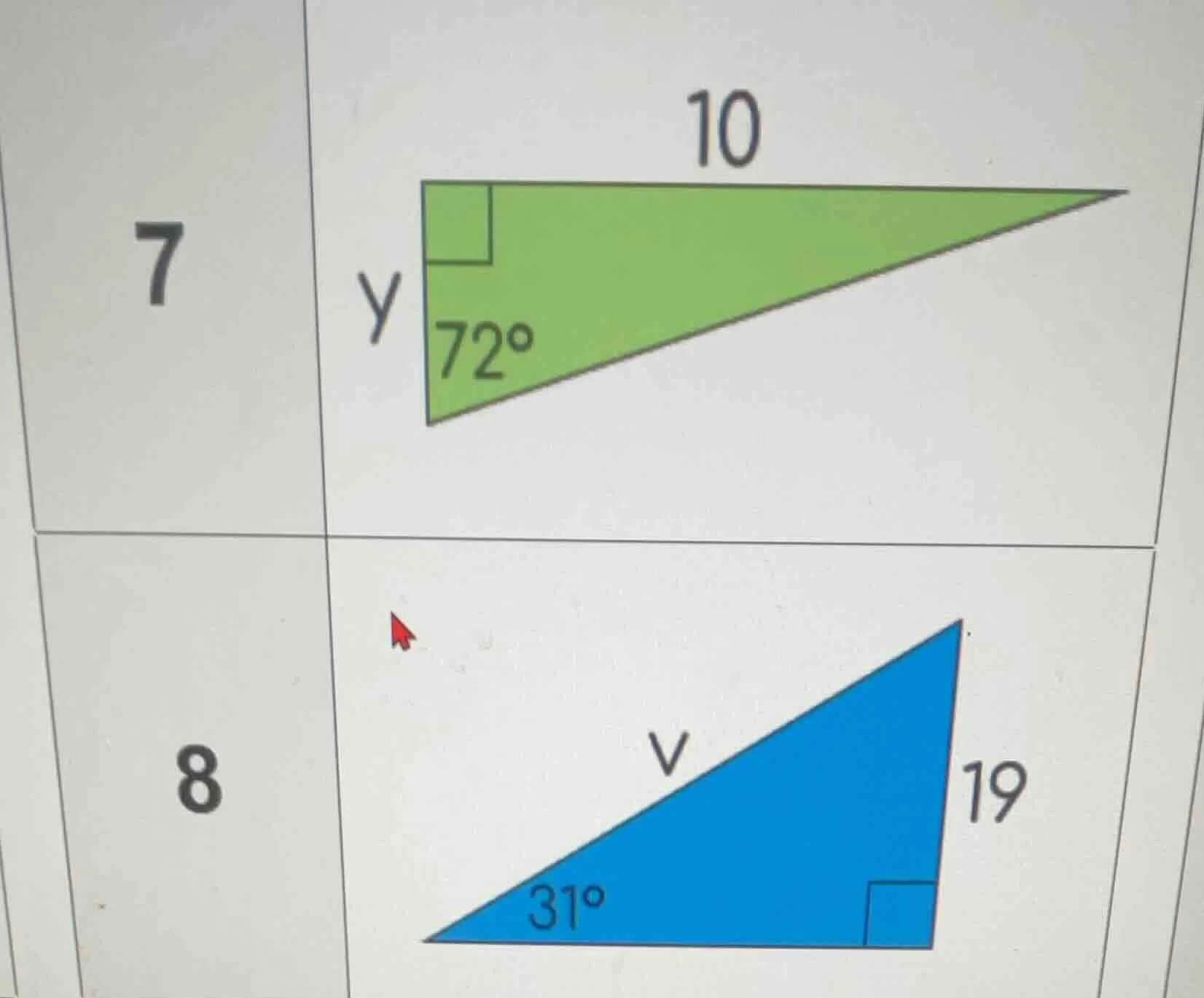 7 10 y 72° 8 v 19 31°