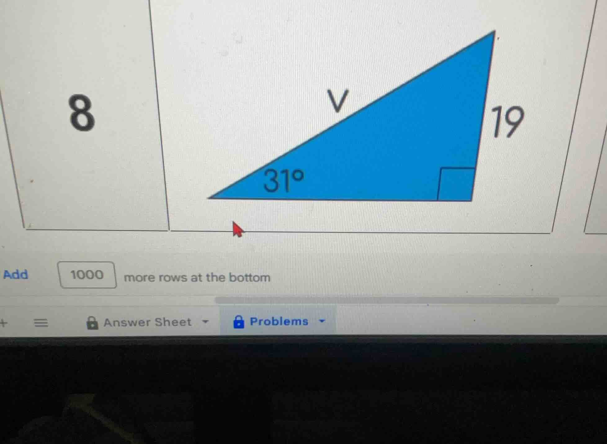 8 (blue right triangle with angle 31°, hypotenuse v, vertical side 19) …